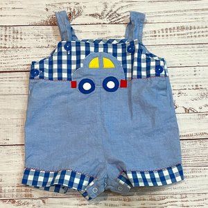 Boys Vintage Cute Car Gingham Plaid Shortall